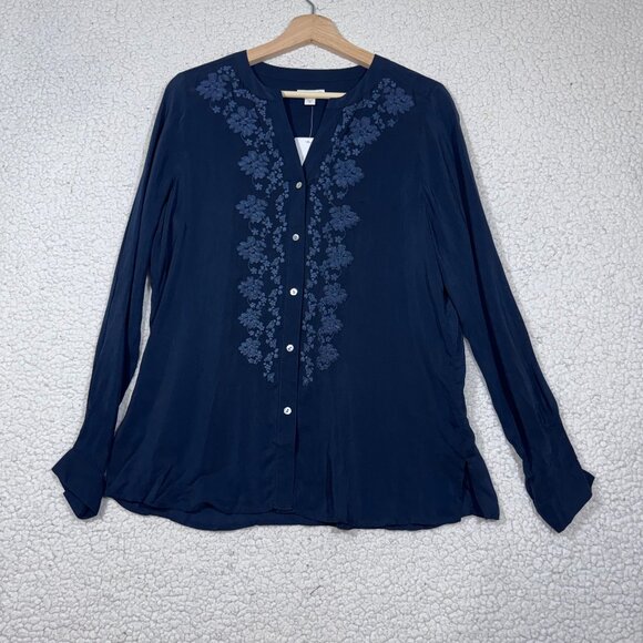 J. Jill Tops - J.Jill Navy Blue Button Up Embroidered Blouse Top Size XS Semi Sheer Office